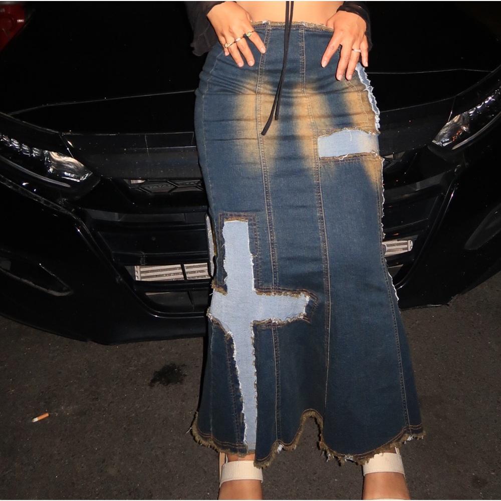 CROSS DENIM MAXI SKIRT